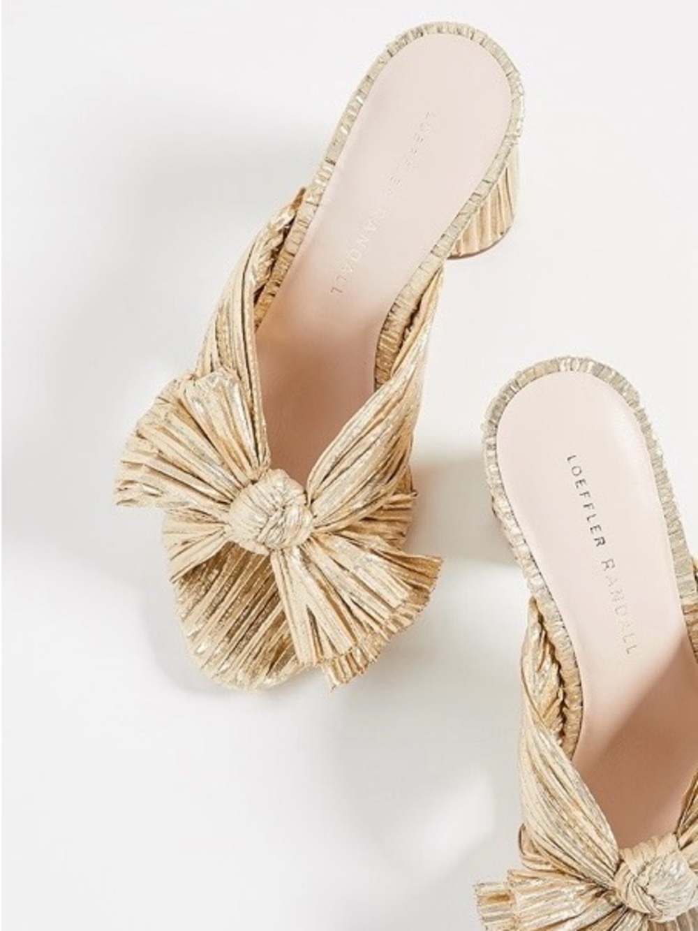 Loeffler Randall Gold Pleated Bow Block Heel Mules Size 6.5 - Picture 5 of 16